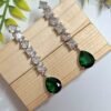 Silver Plated American Diamond Necklace Sets With Green Stone