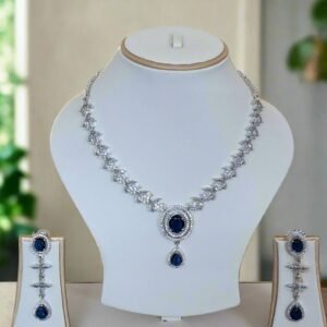 Silver Plated American Diamond Necklace Sets With Blue Stone