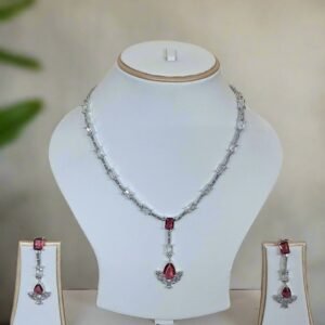 Silver Plated American Diamond Necklace Sets With Pink Stone