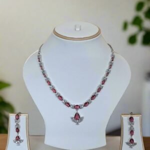 Silver Plated American Diamond Necklace Sets With Pink Stone