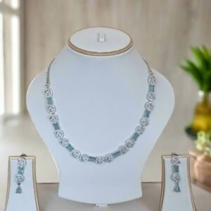 Silver Plated American Diamond Necklace Sets With Aqua Green Stone