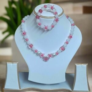 White Pink Glass Beads Necklace and Bracelet Set for Girls