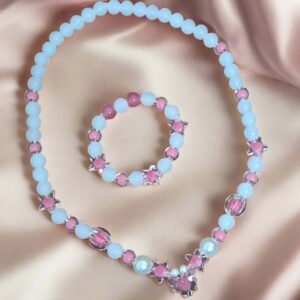 Alternative view of White Pink Glass Beads Necklace and Bracelet Set for Girls