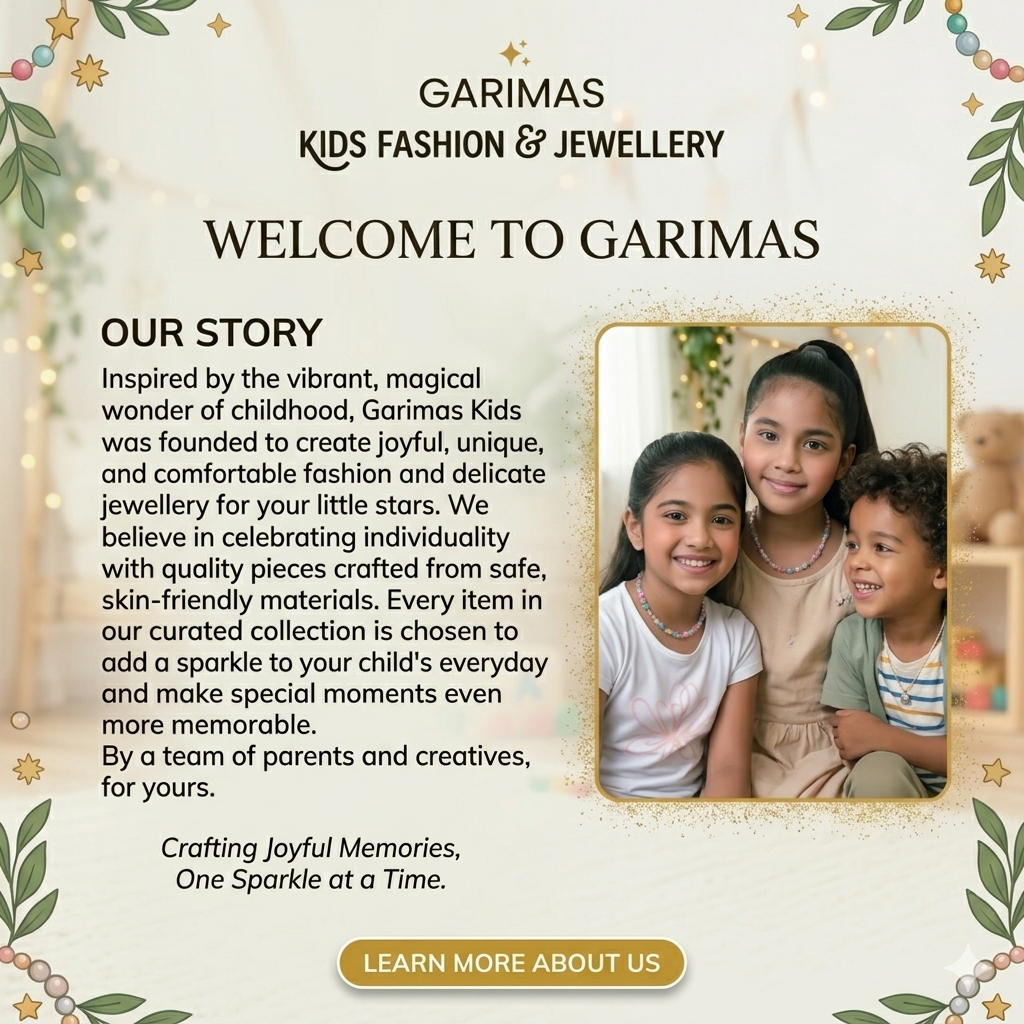 Handmade kids jewellery pieces arranged beautifully for the Garimas About Us page