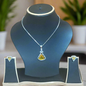Pendant Set  CZ Studded and silver Plated chain Aqua yellow