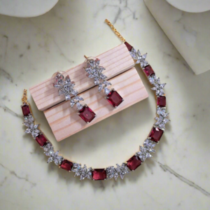 Alternative view of Silver Plated American Diamond Necklace Sets With Red Stone