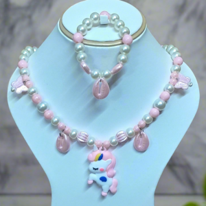 Baby Pink Pearl Beaded Unicorn Necklace and Bracelet Set for Girls