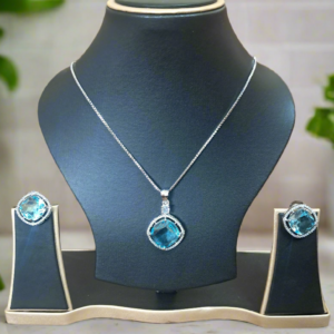 Aqua Blue Pendant Set CZ Studeed with silver Plated chain
