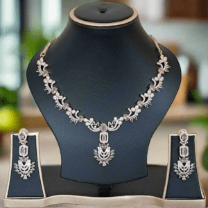 Rose Gold Plated  American Diamond Necklace Sets With Pink Stone
