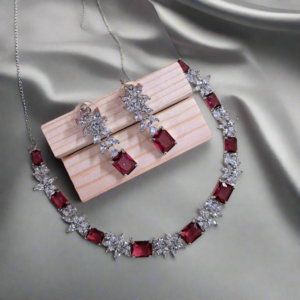 Silver Plated American Diamond Necklace Sets With Red Stone