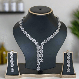 Silver Plated  American Diamond Necklace Sets With White Stone