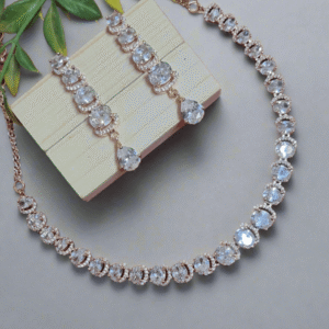 Alternative view of Rose Gold Plated  American Diamond Necklace Sets With White Stone