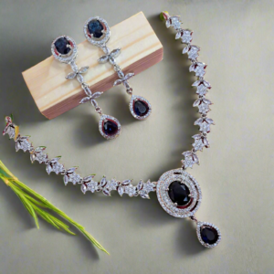 Alternative view of Silver Plated American Diamond Necklace Sets With Blue Stone